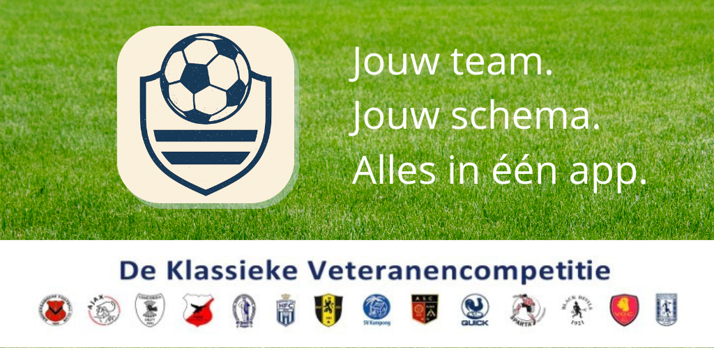 Jouw team. Jouw schema. Alles in één app. De Klassieke Veteranencompetitie, met deelnemende clublogo's.